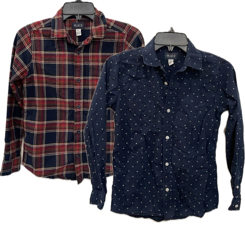 Lot of 2 The Children’s Place Boys Fall Navy Plaid Print Poplin Button Up Shirts